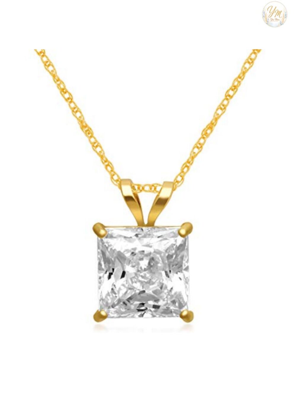 10K Yellow Gold Princess Cut CZ Pendant Necklace for Women 18" Rope Chain